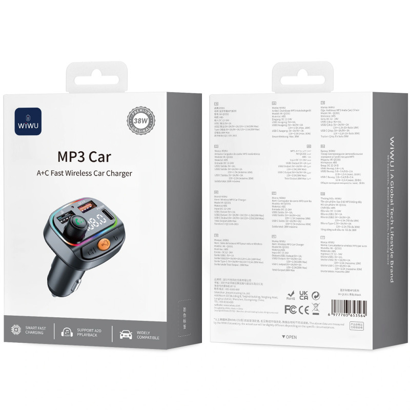 Фото АЗУ FM модулятор WIWU QC031 MP3 Car PD20W+QC3.0 (2USB-A/1C) (Black) на vchehle.ua