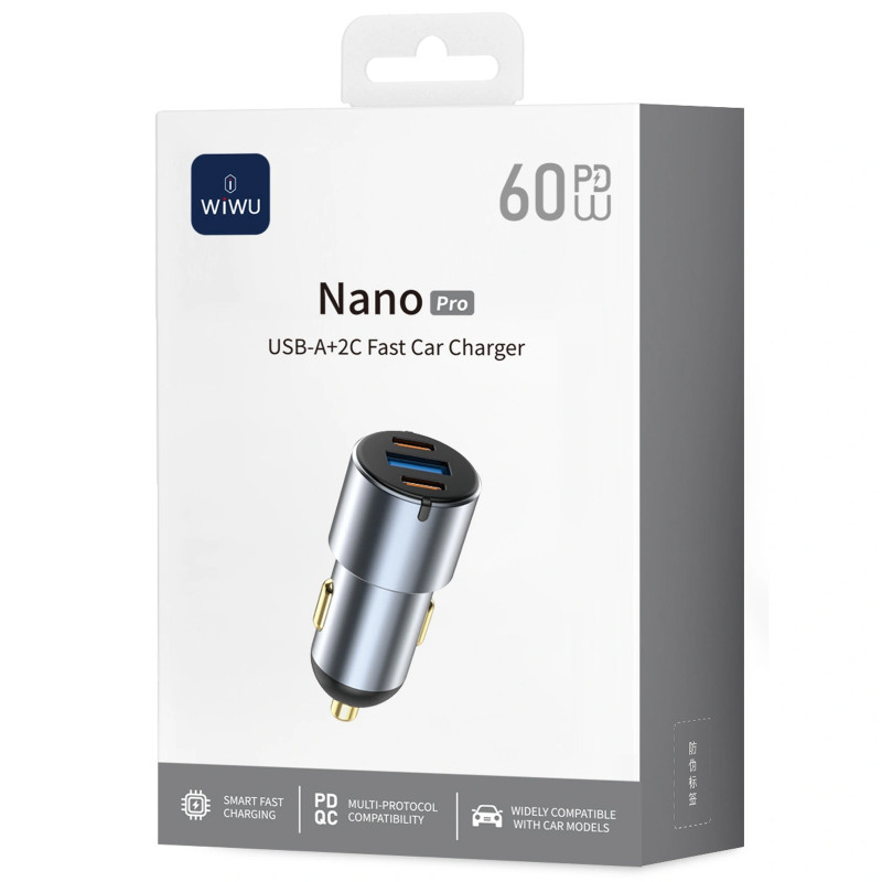Фото АЗУ WIWU CC032 Nano Pro PD60W+QC3.0 (1USB-A/2C) (Gray) на vchehle.ua
