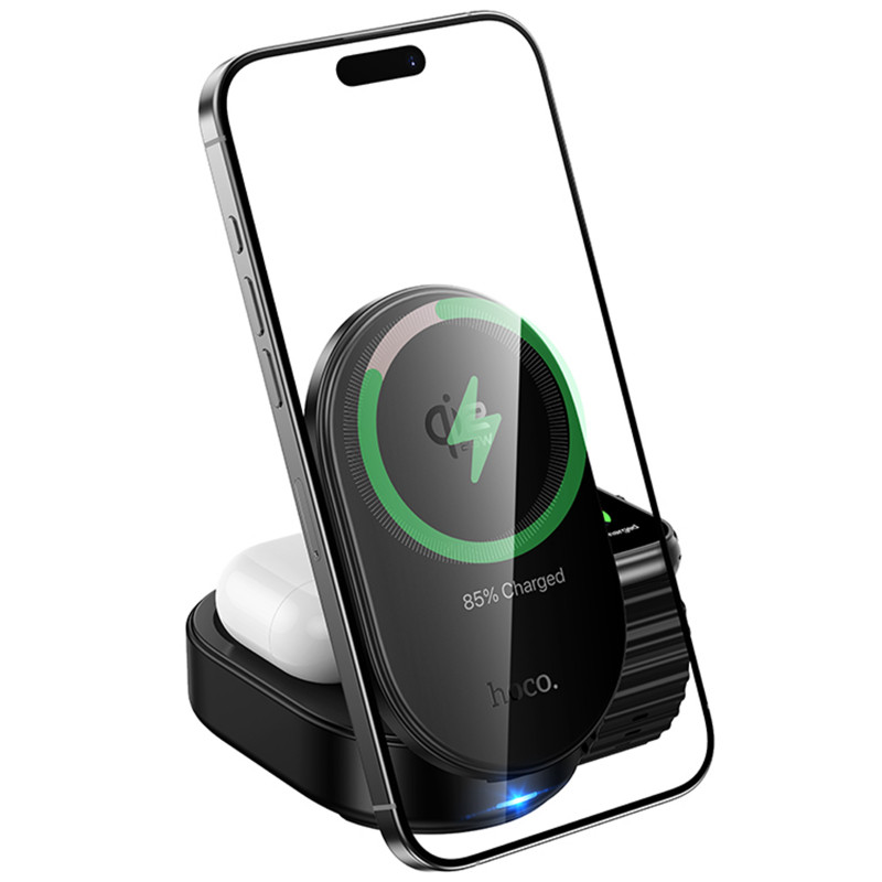 Фото БЗП Hoco CQ23 Pole Qi2.2 3-in-1 (Black) в маназині vchehle.ua