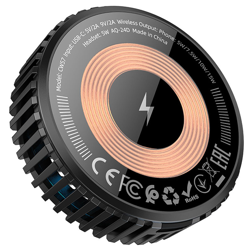 Фото БЗП Hoco CW57 Air-cooled 15W magnetic wireless fast charger (Black) в маназині vchehle.ua