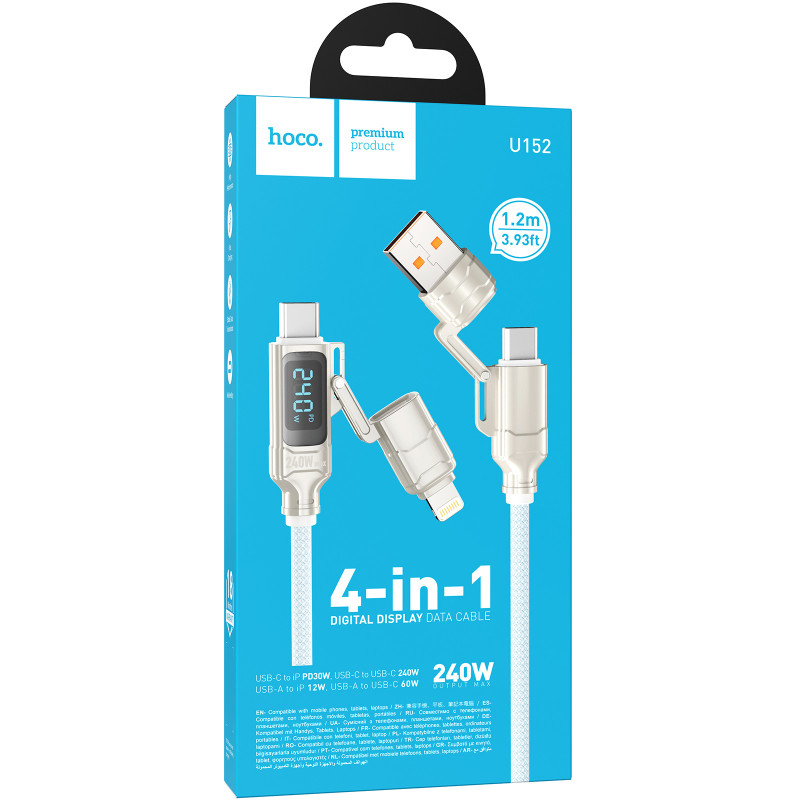 Фото Дата кабель Hoco U152 Fortune 4in1 Type-C для освітлення/Type-C для USB 240W (1.2m) (Light Gray) на vchehle.ua