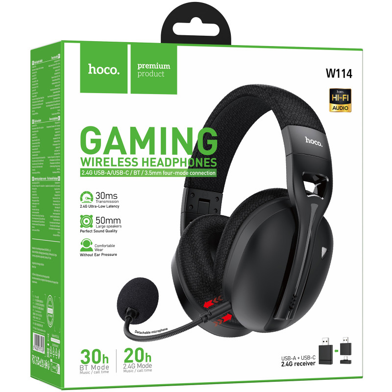 Фото Накладные беспроводные наушники Hoco W114 Magic +3.5mm+2.4G (Black) на vchehle.ua