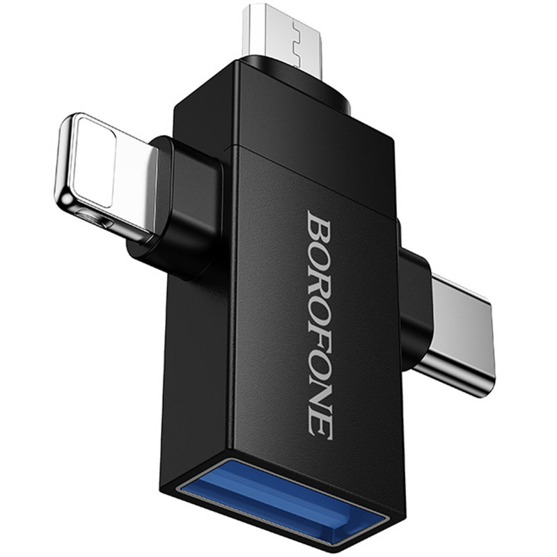 Переходник Borofone BV26D 3in1 Lightning male/Type-C male/Micro male to USB2.0 female (Black)