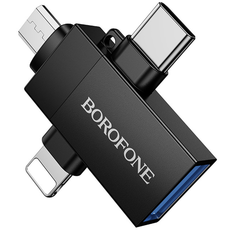 Переходник Borofone BV26D 3in1 Lightning male/Type-C male/Micro male to USB2.0 female (Black) в магазине vchehle.ua