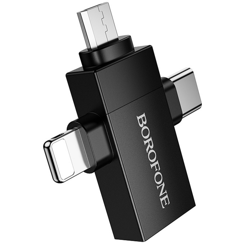 Купить Переходник Borofone BV26D 3in1 Lightning male/Type-C male/Micro male to USB2.0 female (Black) на vchehle.ua
