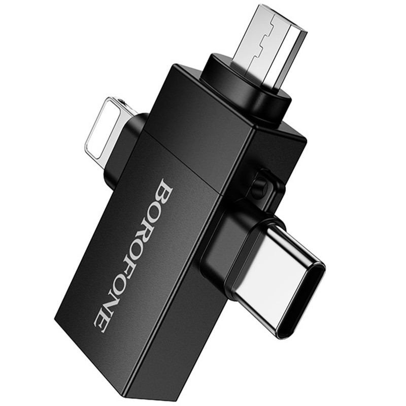 Заказать Переходник Borofone BV26D 3in1 Lightning male/Type-C male/Micro male to USB2.0 female (Black) на vchehle.ua