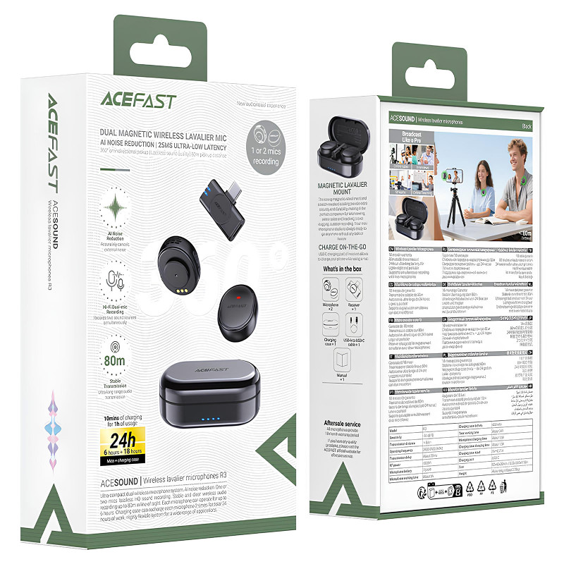 Купить Петличный беспроводной микрофон Acefast R3 Dual-mic Type-C (Black) на vchehle.ua