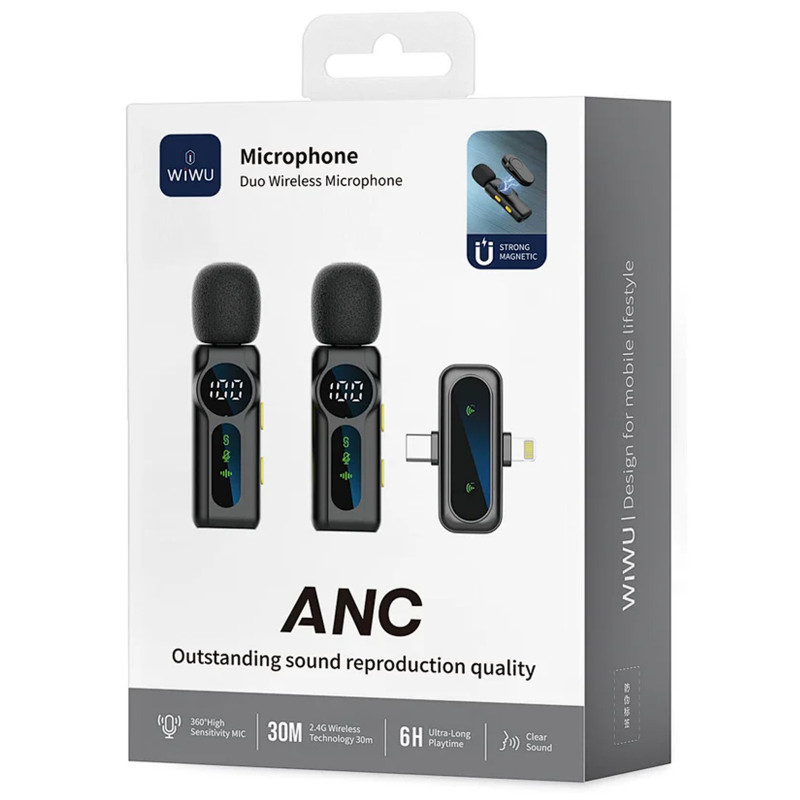 Фото Петличный беспроводной микрофон WIWU WM007 Dual-mic (Lightning/Type-C) (Black) на vchehle.ua