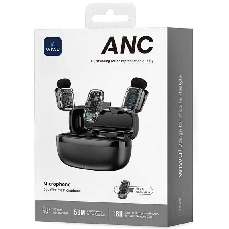 Фото Петличный беспроводной микрофон WIWU WM008 Dual-mic ANC Type-C (Black) на vchehle.ua