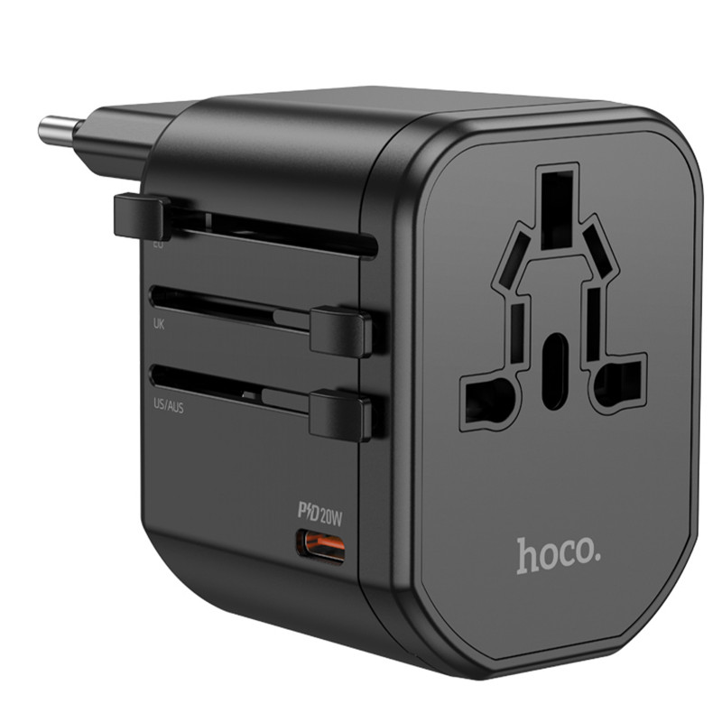 Сетевой универсальный переходник Hoco AC15 Walker PD20W+QC3.0 (2USB-A/1C) (EU) (Black)