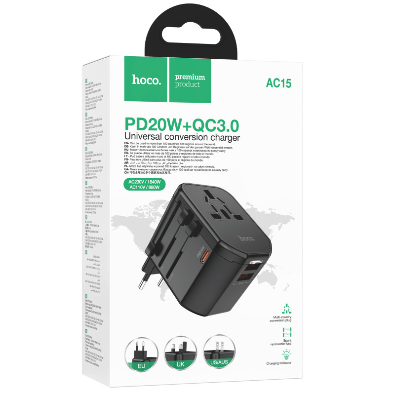 Фото Сетевой универсальный переходник Hoco AC15 Walker PD20W+QC3.0 (2USB-A/1C) (EU) (Black) на vchehle.ua