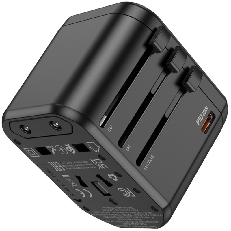 Фото Сетевой универсальный переходник Hoco AC15 Walker PD20W+QC3.0 (2USB-A/1C) (EU) (Black) в магазине vchehle.ua