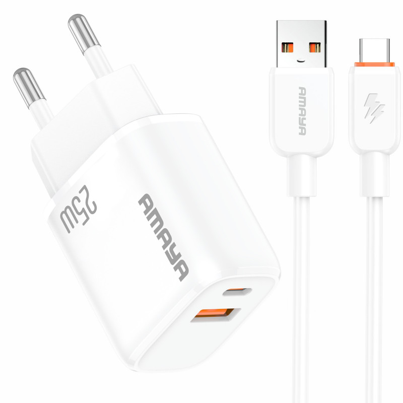 СЗУ Amaya E213D PD25W+QC3.0 (1USB-A/1C) + кабель USB to Type-C (White)