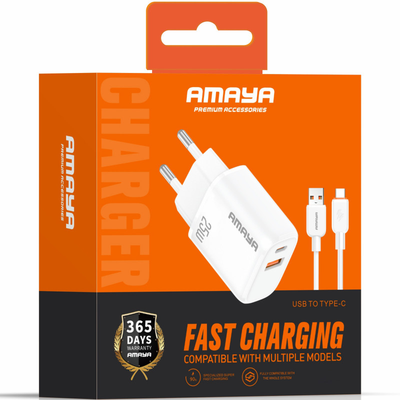 Фото СЗУ Amaya E213D PD25W+QC3.0 (1USB-A/1C) + кабель USB to Type-C (White) на vchehle.ua