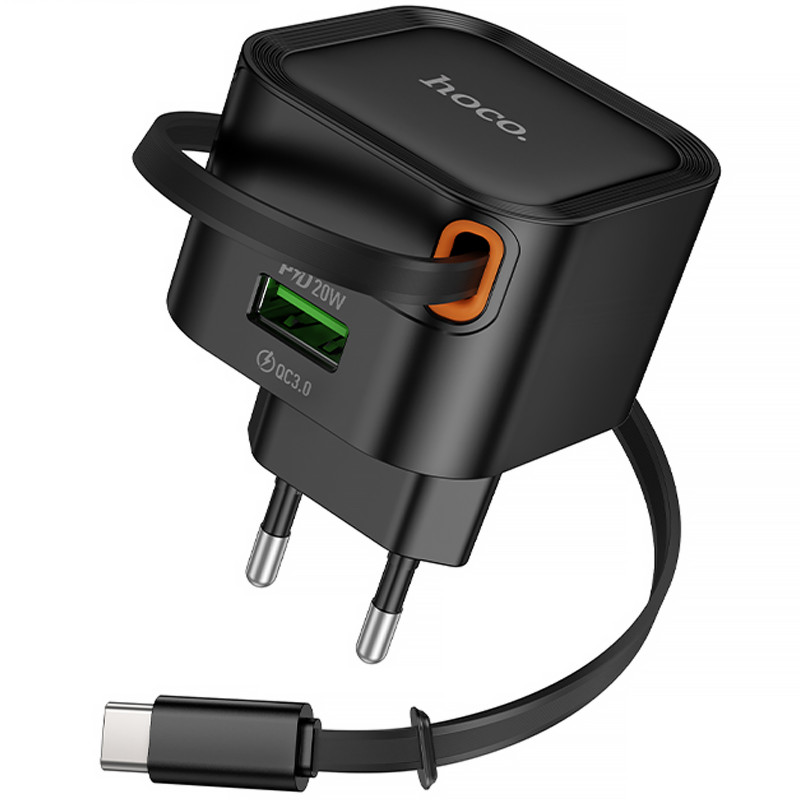 Фото МЗП Hoco C154A Changer PD20W+QC3.0 (1USB-A/1C) + Retractable Cable Type-C (Black) в маназині vchehle.ua