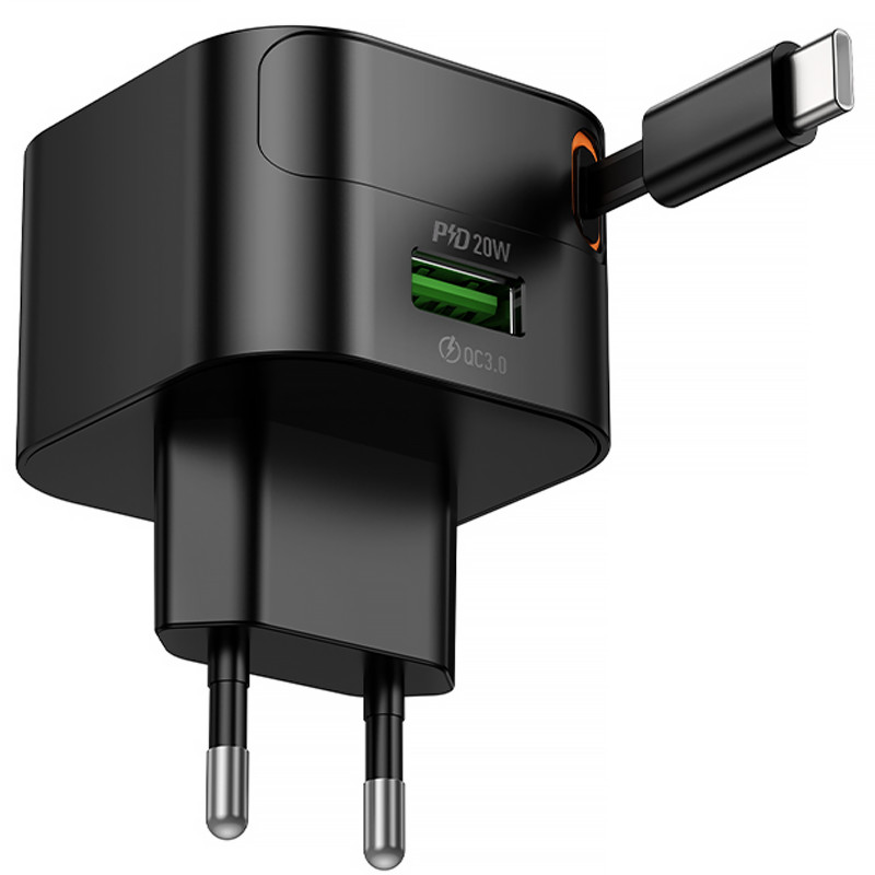 Купити МЗП Hoco C154A Changer PD20W+QC3.0 (1USB-A/1C) + Retractable Cable Type-C (Black) на vchehle.ua