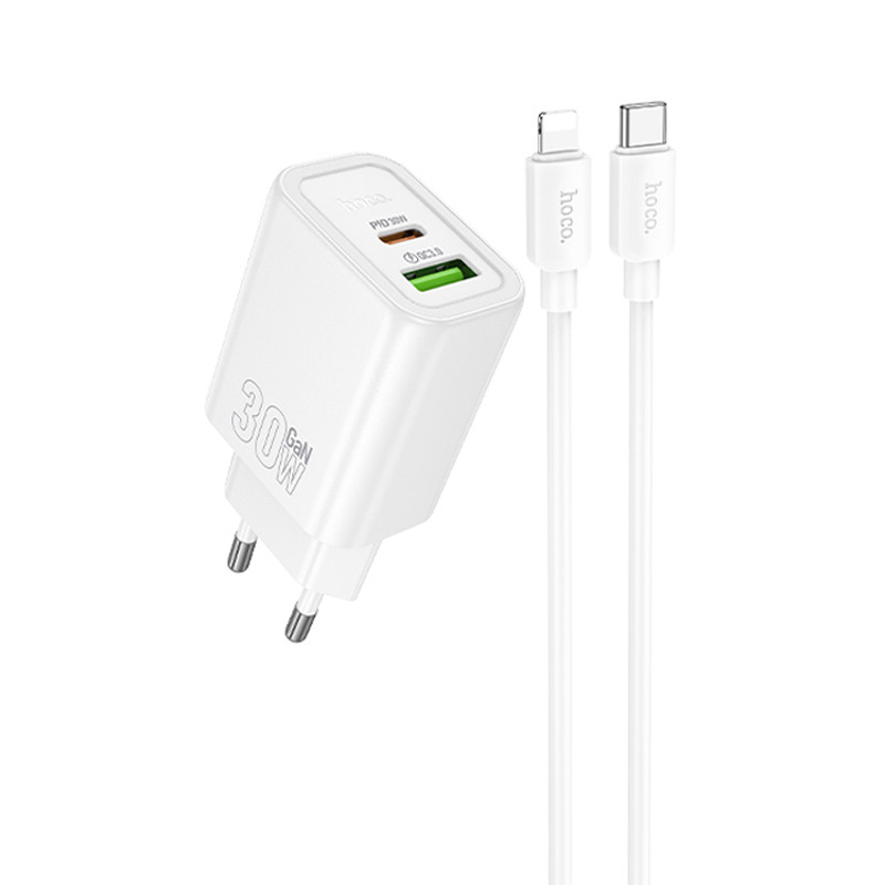 СЗУ Hoco N63 Gentle PD30W+QC3.0 (1USB-A/1C) + кабель Type-C to Lightning (White)