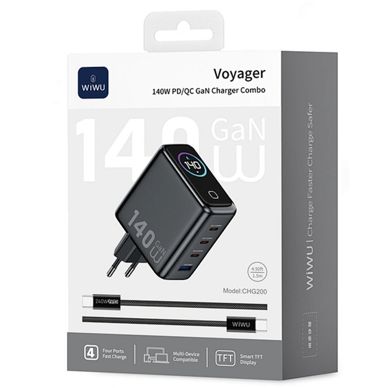 Фото МЗП WIWU CHG200 Voyager PD140W+QC3.0 (1USB-A/3C) + кабель Type-C to Type-C (Grey) в маназині vchehle.ua