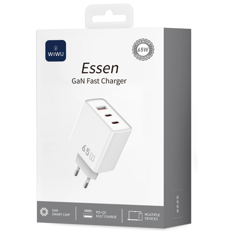 Фото МЗП WIWU G005 Essen PD65W+QC3.0 GaN (1USB-A/2C) (White) на vchehle.ua