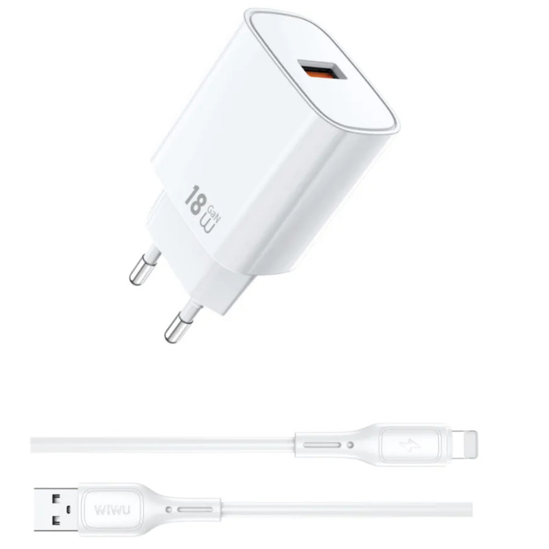 МЗП WIWU G006 Essen QC3.0 18W GaN (1USB-A) + кабель USB to Lightning (White)