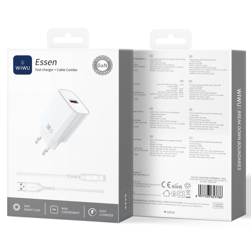 Фото МЗП WIWU G006 Essen QC3.0 18W GaN (1USB-A) + кабель USB to Lightning (White) на vchehle.ua
