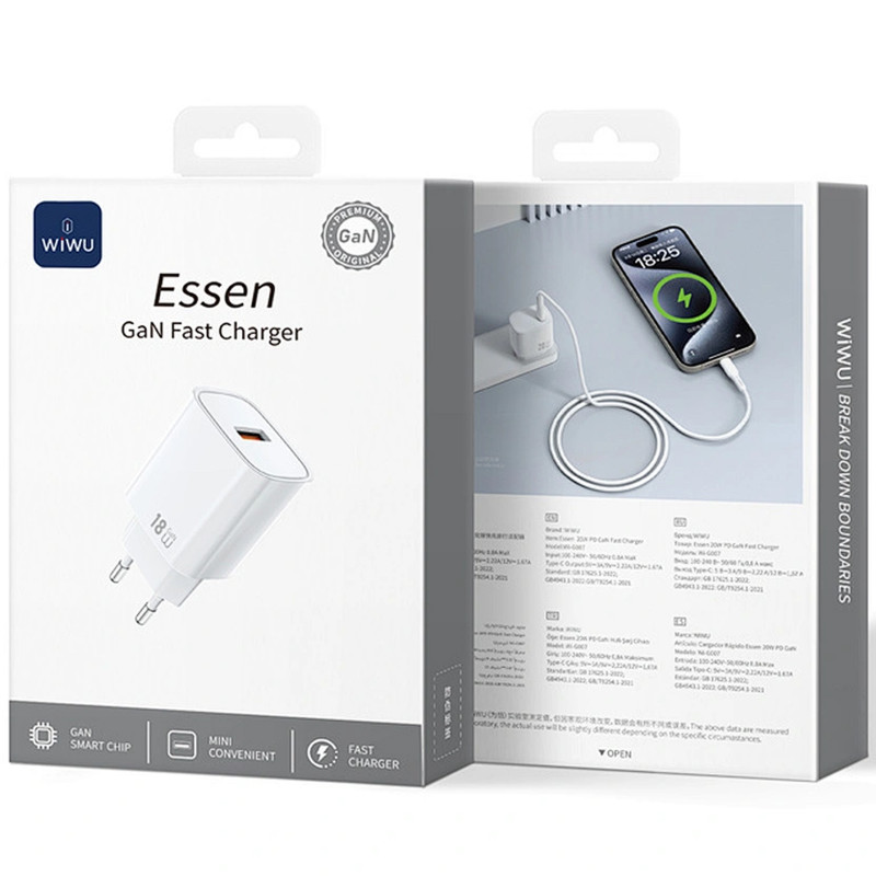 Фото МЗП WIWU G006 Essen QC3.0 18W GaN (1USB-A) (White) на vchehle.ua