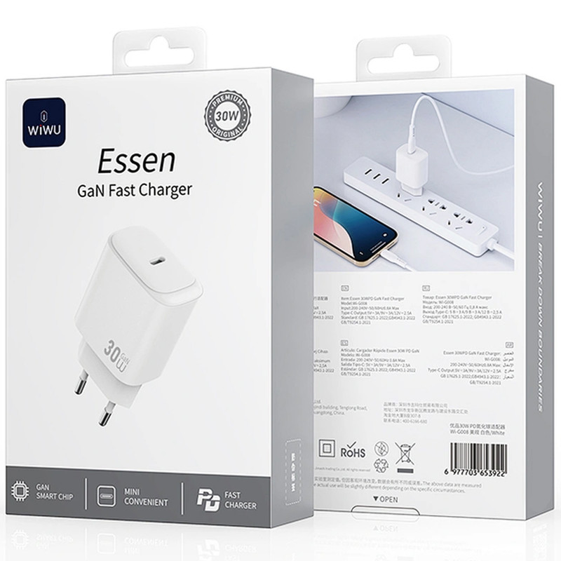 Фото МЗП WIWU G008 Essen PD30W GaN (1USB-C) (White) на vchehle.ua