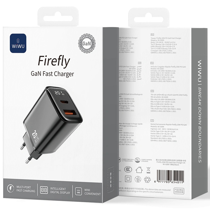 Фото МЗП WIWU G009 Firefly PD20W+QC3.0 GaN (1USB-A/1C) (Black) на vchehle.ua