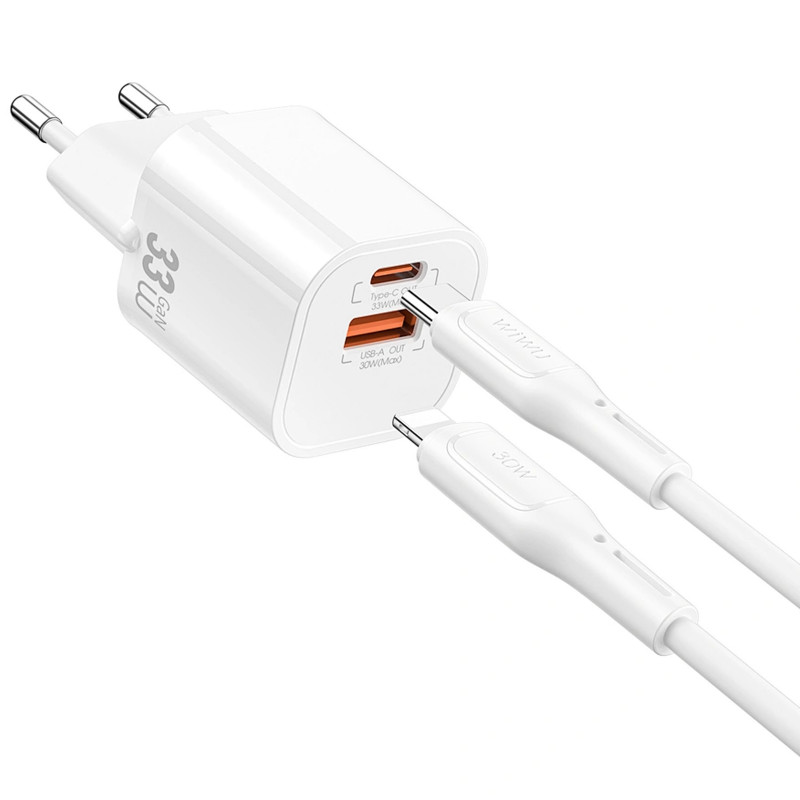 Фото МЗП WIWU G018 Cube PD33W+QC3.0 GaN (1USB-A/1C) + кабель Type-C to Lightning (White) на vchehle.ua