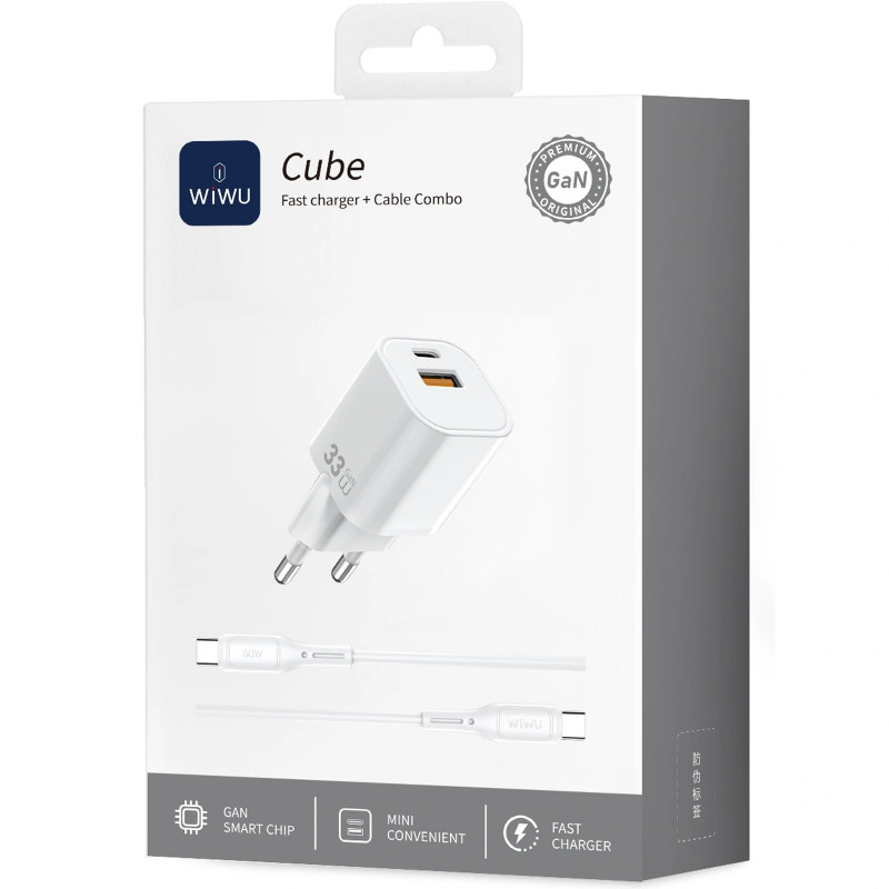 Фото МЗП WIWU G018 Cube PD33W+QC3.0 GaN (1USB-A/1C) + кабель Type-C to Lightning (White) в маназині vchehle.ua
