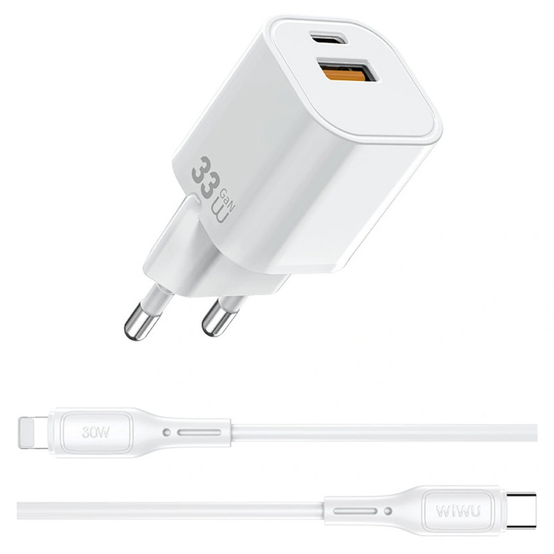 МЗП WIWU G018 Cube PD33W+QC3.0 GaN (1USB-A/1C) + кабель Type-C to Lightning (White) в магазині vchehle.ua