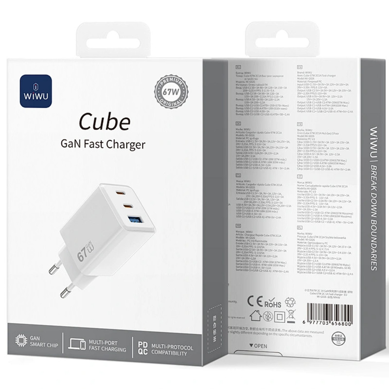 МЗП WIWU G026 Cube PD67W+QC3.0 GaN (1USB-A/2C) (White) в магазині vchehle.ua