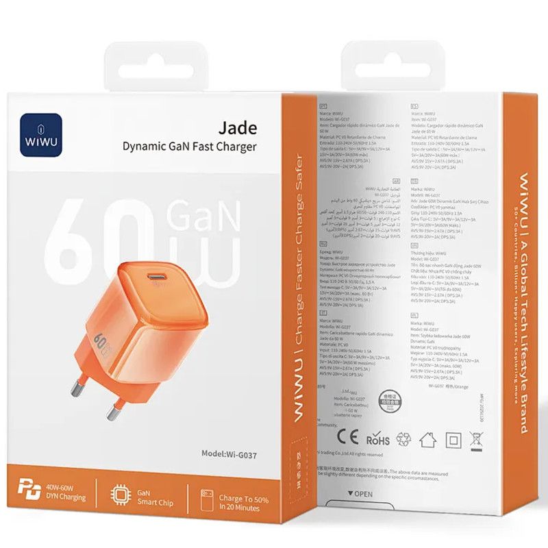 Фото СЗУ WIWU G037 Jelly PD60W GaN (1USB-C) (Orange) в магазине vchehle.ua