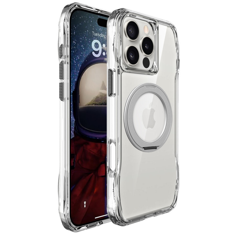 TPU+PC чохол Space Octagon Magnetic Safe with aluminium ring на Apple iPhone 16 Pro (6.3") (Silver)