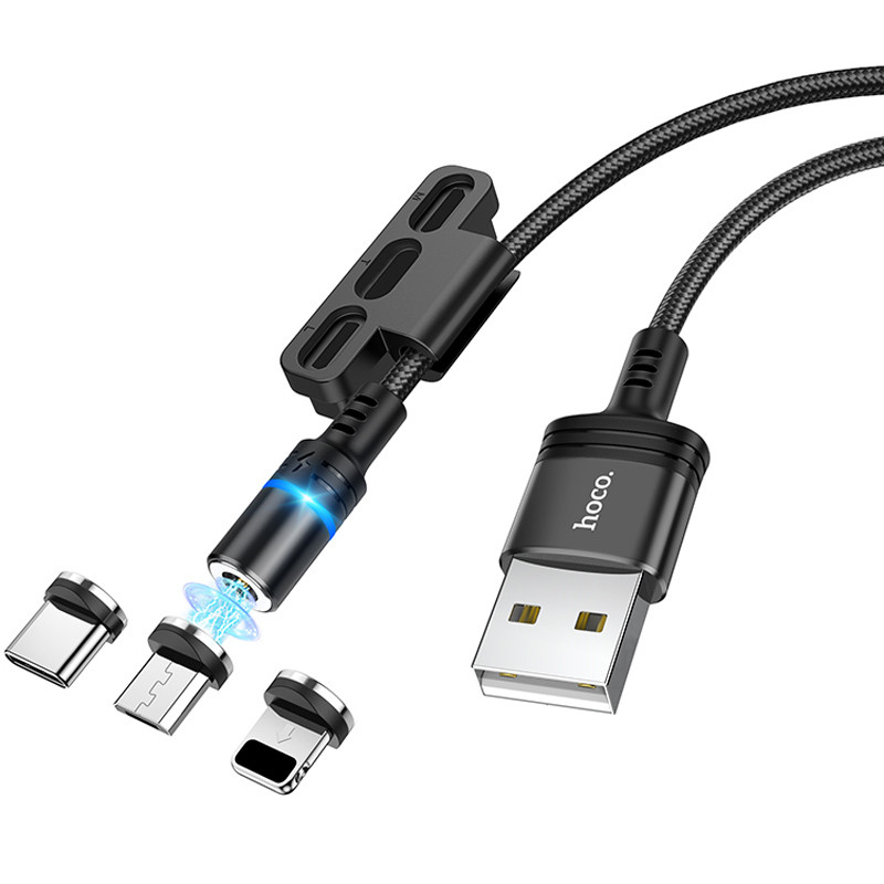 Фото Уцінка Дата кабель Hoco DU42 Magnetic 3in1 Lightning-microUSB-Type-C (1m) (Дефект пакування / Чорний) на vchehle.ua