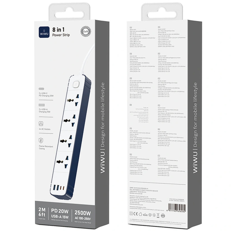 Удлинитель WIWU S007 Power Strip PD20W (2USB-A/2C/4xSocket) (2m) (White) в магазине vchehle.ua