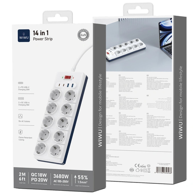 Подовжувач WIWU S008 Power Strip PD20W (2USB-A/2C/10xSocket) (2m) (White) в магазині vchehle.ua