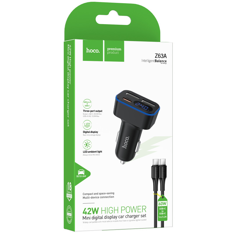 Фото АЗУ Hoco Z63A Barry PD42W+QC3.0 (2USB-A/1C) + кабель Type-C to Type-C (Black) на vchehle.ua