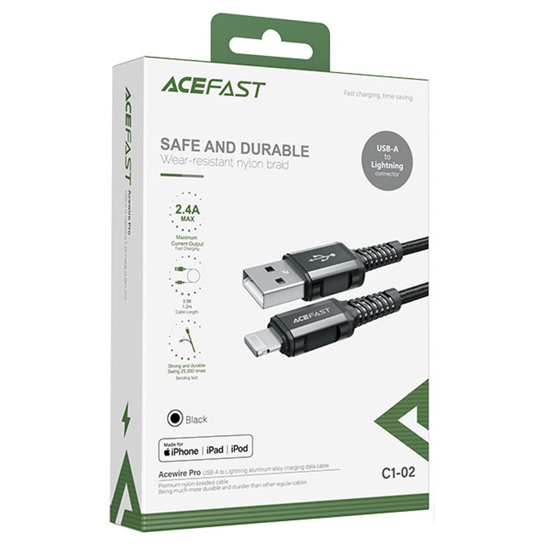 Дата кабель Acefast C1-02 USB to Lightning 2.4A (1.2m) (Black) в магазине vchehle.ua