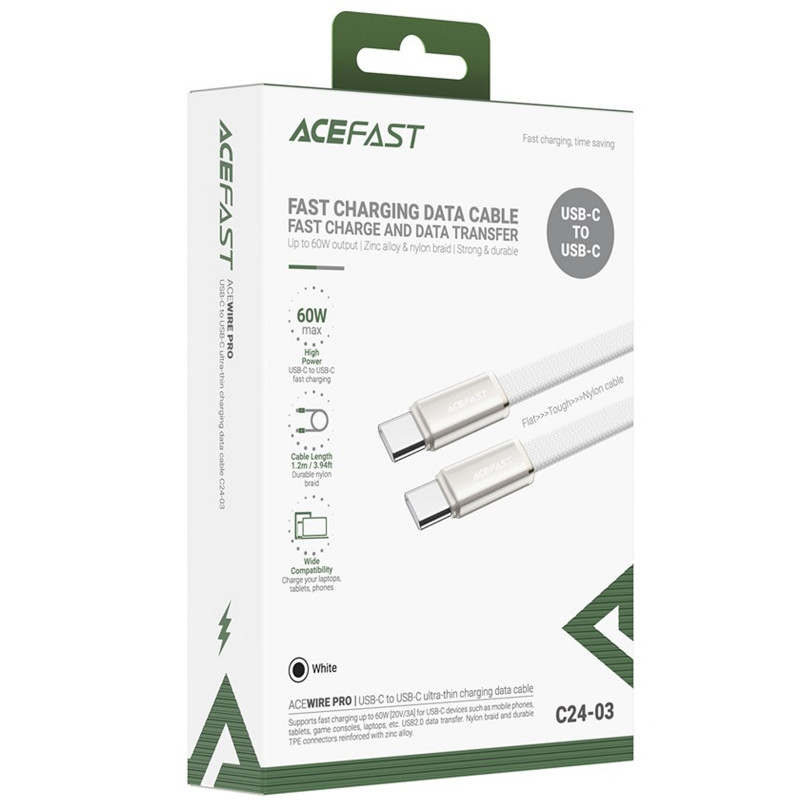 Купити Дата кабель Acefast C24-03 Type-C to Type-C 60W (1.2m) (White) на vchehle.ua