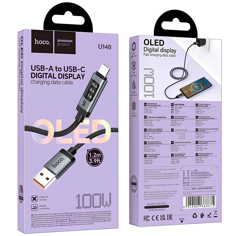 Купить Дата кабель Hoco U148 Lord with display USB to Type-C 100W (1.2m) (Black) на vchehle.ua