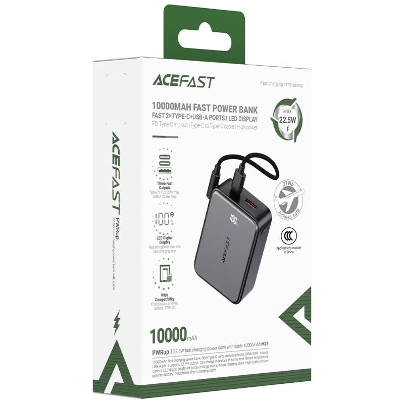 Купить Портативное ЗУ Power Bank Acefast M28 22.5W with cable 10000 mAh (Black) на vchehle.ua