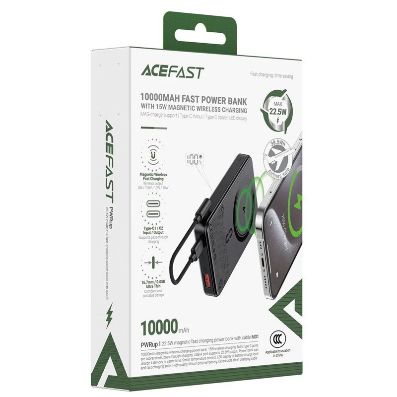 Power Bank Acefast 10000 mAh M31 PD22.5W с БЗУ with cable (Black) в магазине vchehle.ua