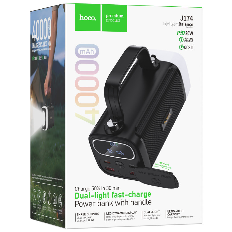 Фото Power Bank Hoco 40000 mAh J174 Unimpeded 22.5W+PD20W dual lighting (Black) на vchehle.ua