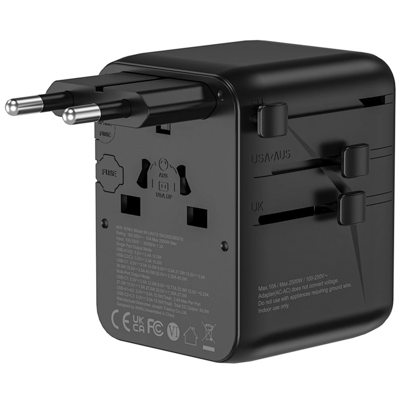 Фото Мережевий універсальний перехідник WIWU UA010 Warrior GaN 45W + 2USB-A/3C (Black) на vchehle.ua