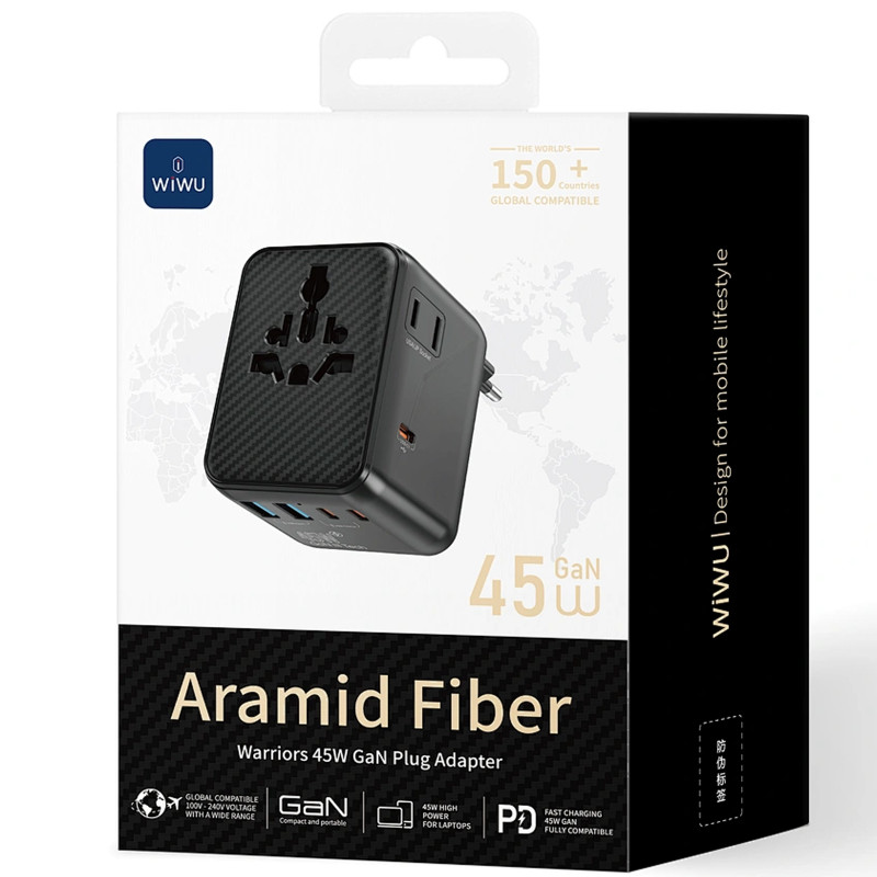 Фото Мережевий універсальний перехідник WIWU UA010 Warrior GaN 45W + 2USB-A/3C (Black) в маназині vchehle.ua