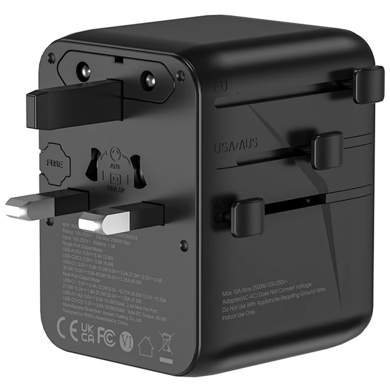 Купити Мережевий універсальний перехідник WIWU UA010 Warrior GaN 45W + 2USB-A/3C (Black) на vchehle.ua