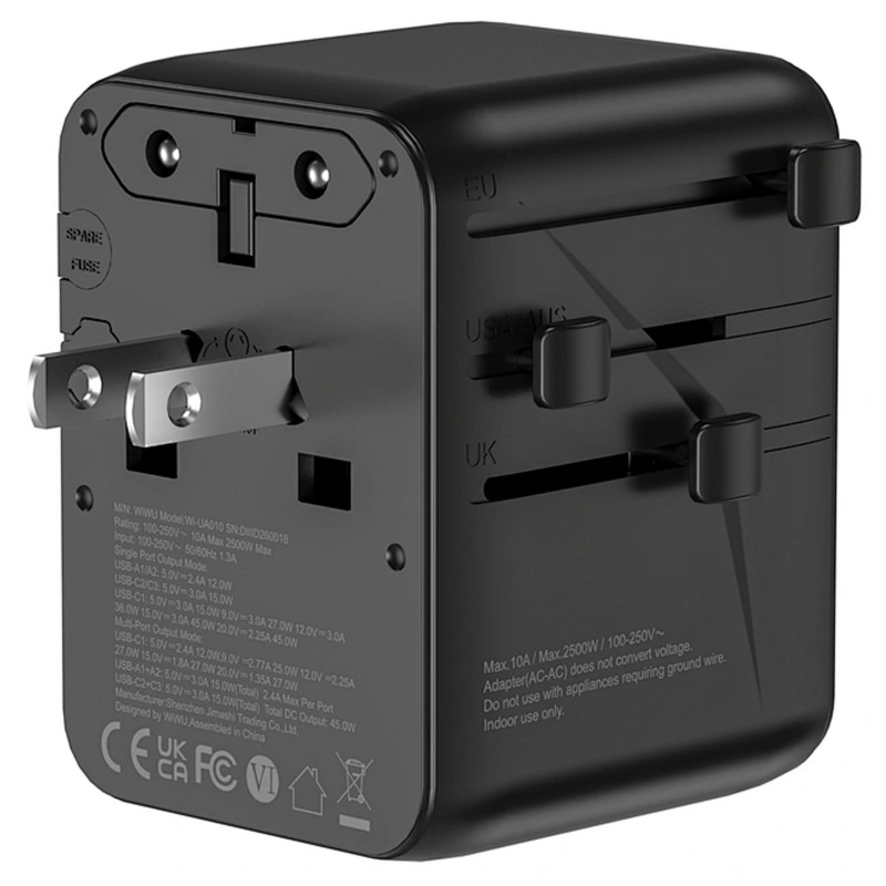 Замовити Мережевий універсальний перехідник WIWU UA010 Warrior GaN 45W + 2USB-A/3C (Black) на vchehle.ua