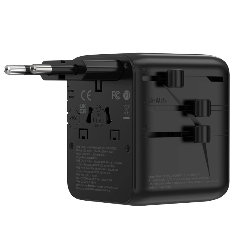 Фото Мережевий універсальний перехідник WIWU UA011 Warrior GaN 25W + 1USB-A/2C (Black) на vchehle.ua
