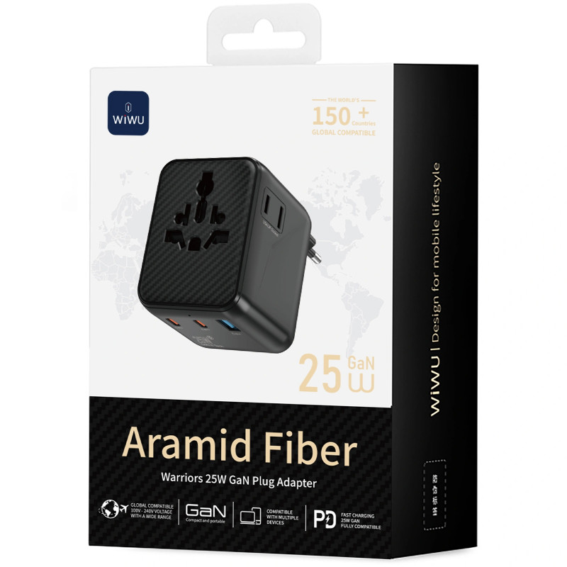 Мережевий універсальний перехідник WIWU UA011 Warrior GaN 25W + 1USB-A/2C (Black) в магазині vchehle.ua